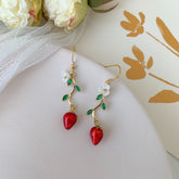 Strawberry Earrings - Strawberry Flower Leaf - Fruit Earrings - Cute - Creative Earrings - Gift - Handmade Earring.